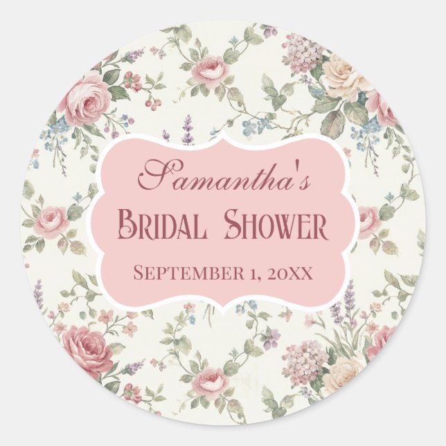 Sticker Rond Elegant Pastel Roses Shabby Chic Bridal Shower (Devant)