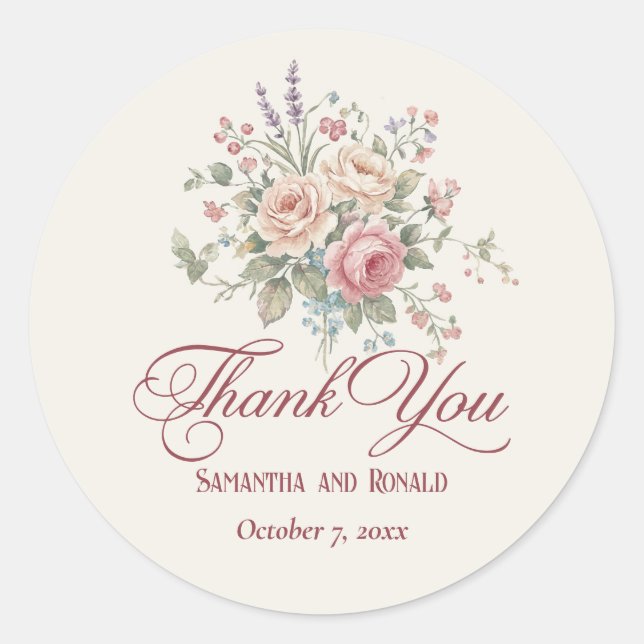 Sticker Rond Elegant Pastel Roses Shabby Chic Wedding Thank You (Devant)