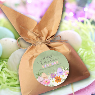 Sticker Rond Elégant Pastel Vert Fleurs sauvages Bonne Pâques