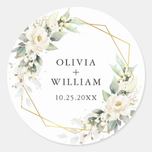 Sticker Rond Elégant Pastel White Roses Eucalyptus Mariage