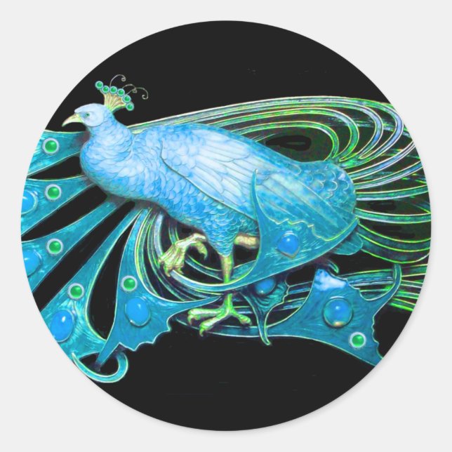 STICKER ROND ELÉGANT PEACOCK EN AQUA TURQUOISE BLEU, NOIR (Devant)