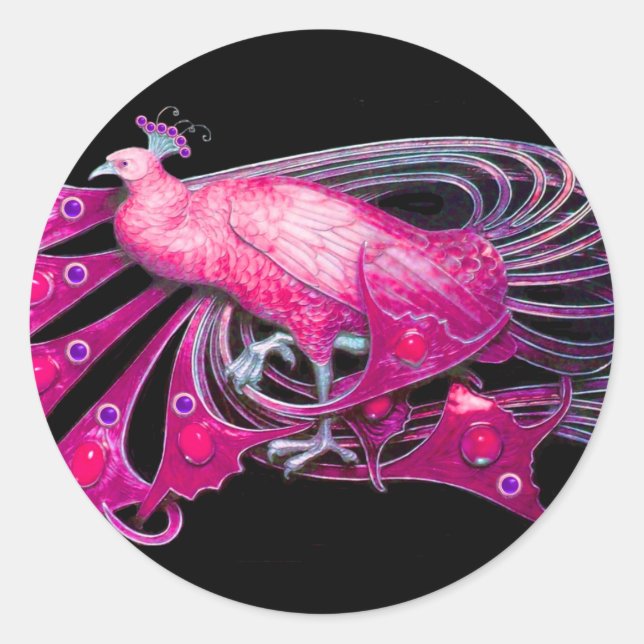 STICKER ROND ELÉGANT PEACOCK EN ROSE, FUCHSIA, NOIR (Devant)