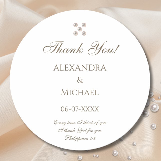 Sticker Rond Elegant Pearl Christian Wedding Thank You (Créateur téléchargé)