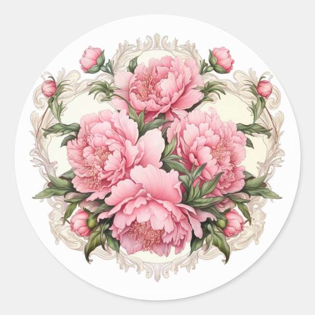 Sticker Rond Élégant Peonies Roses (Devant)
