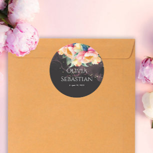 Sticker Rond Elégant Peony aquarelle sur noir MARIAGE