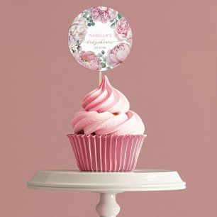 Sticker Rond Elégant Peony rose et fille F Baby shower