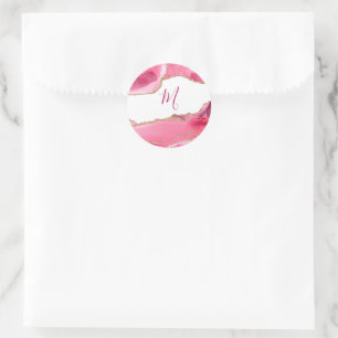 Sticker Rond Élégant Pierre d'agate Rose & Or Mariage Classique
