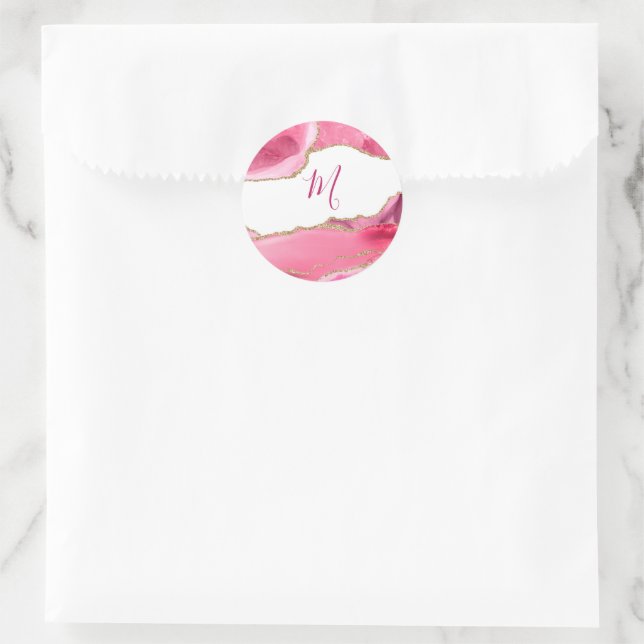 Sticker Rond Élégant Pierre d'agate Rose & Or Mariage Classique (Sac)