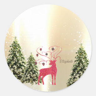 Sticker Rond Élégant Pin Arbres, Rouge Retro Reindeer Or