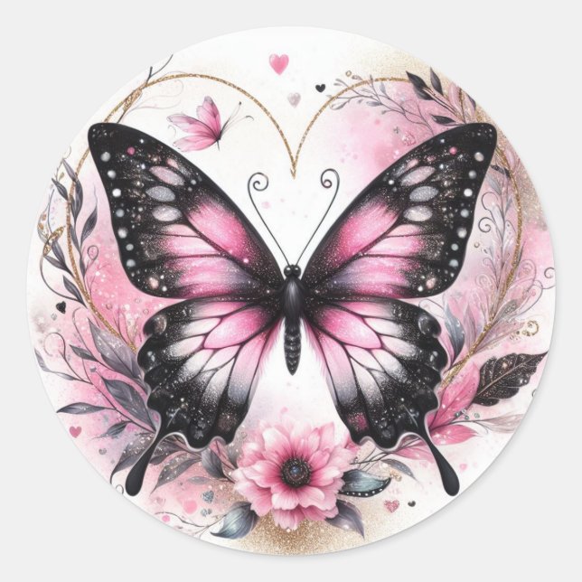 Sticker Rond Elegant Pink and Black Butterfly with Heart Art (Devant)