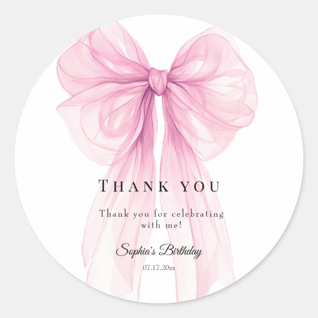 Sticker Rond Elegant Pink Bow Birthday  Watercolor (Devant)