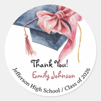 Sticker Rond Elegant Pink Bow Graduation Thank You 