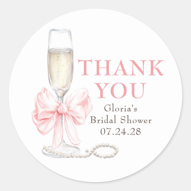 Sticker Rond Elegant Pink Bow Prosecco Bridal Shower Thank You (Devant)