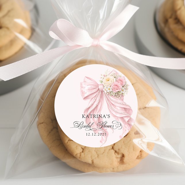 Sticker Rond Elegant Pink Bow Romantic Bridal Shower (Créateur téléchargé)