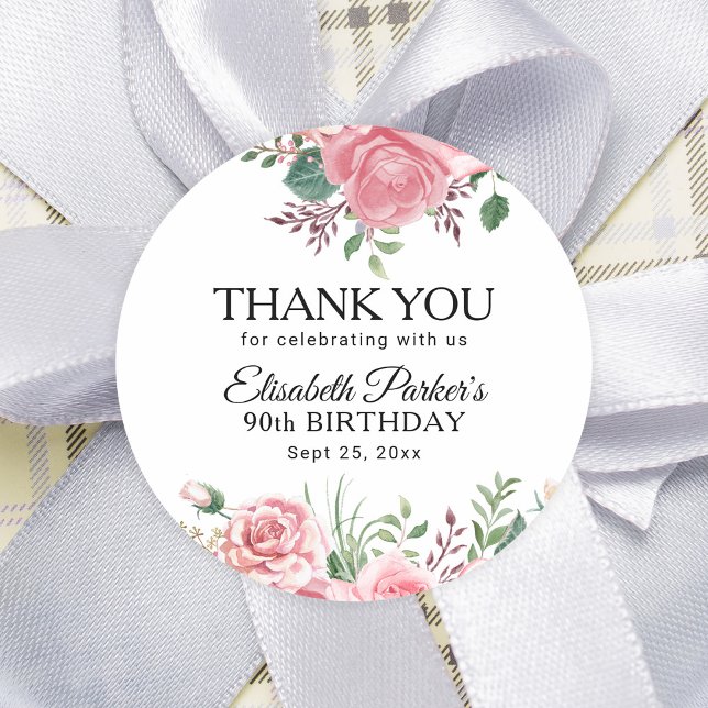 Sticker Rond Elegant pink floral 90th birthday thank you (Créateur téléchargé)