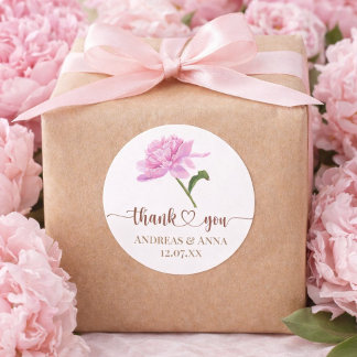 Sticker Rond Elegant Pink Peony Wedding Thank You