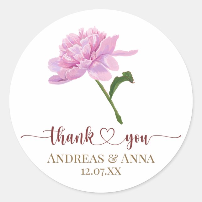 Sticker Rond Elegant Pink Peony Wedding Thank You (Devant)