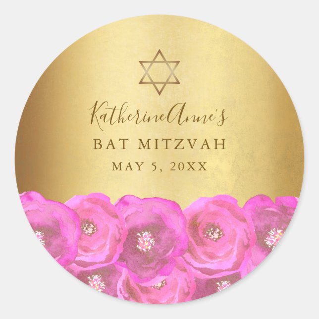 Sticker Rond Elegant Pink Rose Floral Gold Bat Mitzvah (Devant)