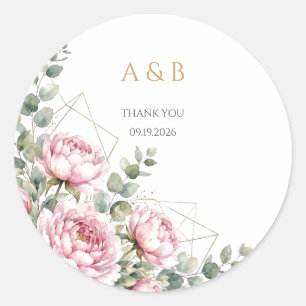 Sticker Rond Élégant Pivoine Rose Géométrique Or Mariage Merci