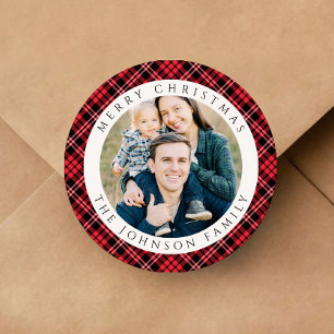 Sticker Rond Élégant Plaid Rouge Photo Noël