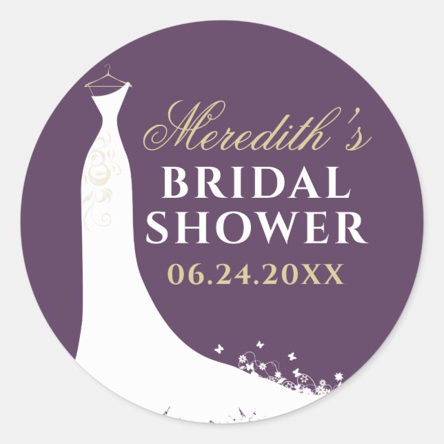 Sticker Rond Elegant Plum and Gold Wedding Gown Bridal Shower (Devant)