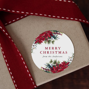 Sticker Rond Élégant Poinsettia Aquarelle Joyeux Noël
