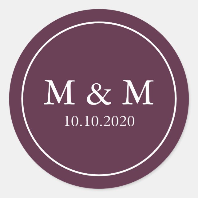 Sticker Rond Élégant prune violet Mariage Monogramme classique (Devant)