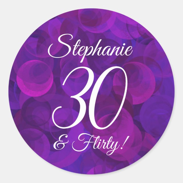 Sticker Rond Elégant Purple 30 et Flirty Anniversaire Favor (Devant)