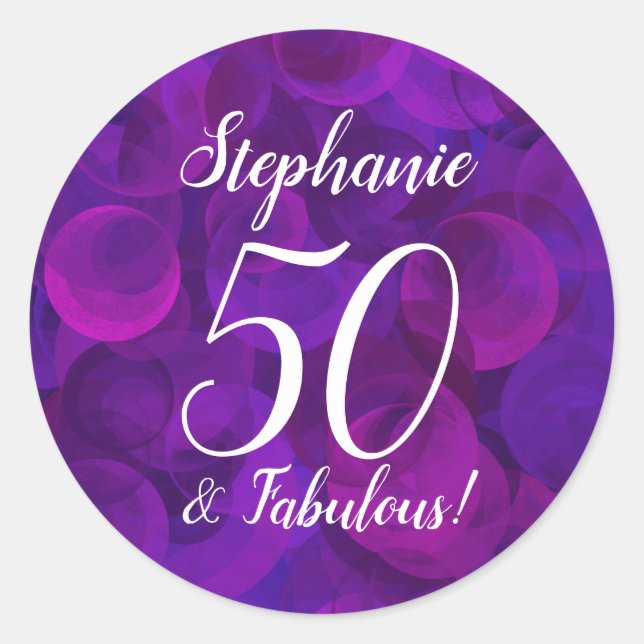 Sticker Rond Elégant Purple 50 et Fabuleux Anniversaire Favor (Devant)