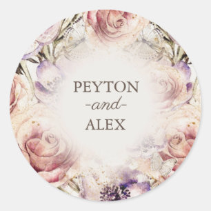 Sticker Rond Élégant Purple Crème Rose Nom des papillons florau