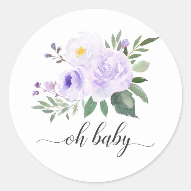 Sticker Rond Élégant Purple Floral Oh Baby shower (Devant)