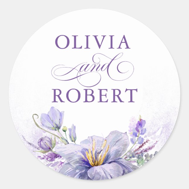 Sticker Rond Elegant Purple Flowers and Gold Wedding Seals (Devant)