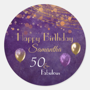 Sticker Rond Elégant Purple Gold 50 & Fabuleux Joyeux anniversa