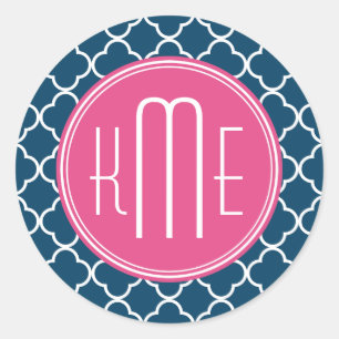 Sticker Rond Élégant Quatrefoil bleu marine avec Monogramme ros