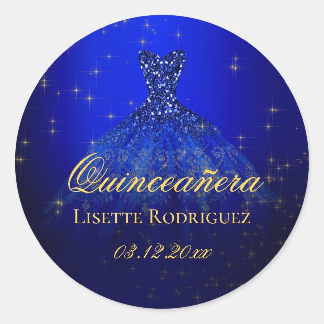 Sticker Rond Élégant Quinceanera Personnalisé Bleu Et Or (Devant)