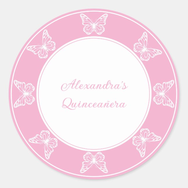 Sticker Rond Elégant Quinceañera rose - Classy papillon (Devant)
