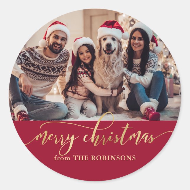 Sticker Rond Elegant Red and Gold Family Photo Christmas (Devant)