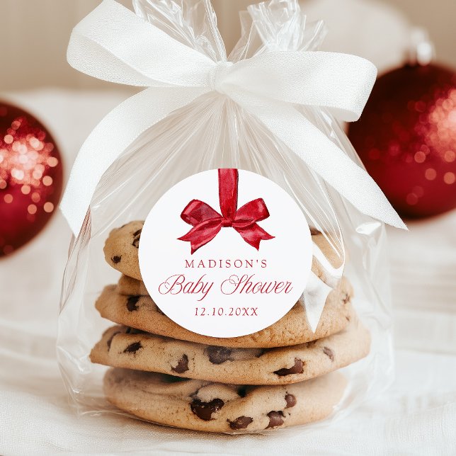 Sticker Rond Elegant Red Bow Christmas Baby Shower (Créateur téléchargé)