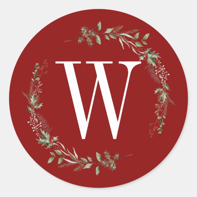 Sticker Rond Elegant Red Christmas Greenery Monogram Wreath (Devant)
