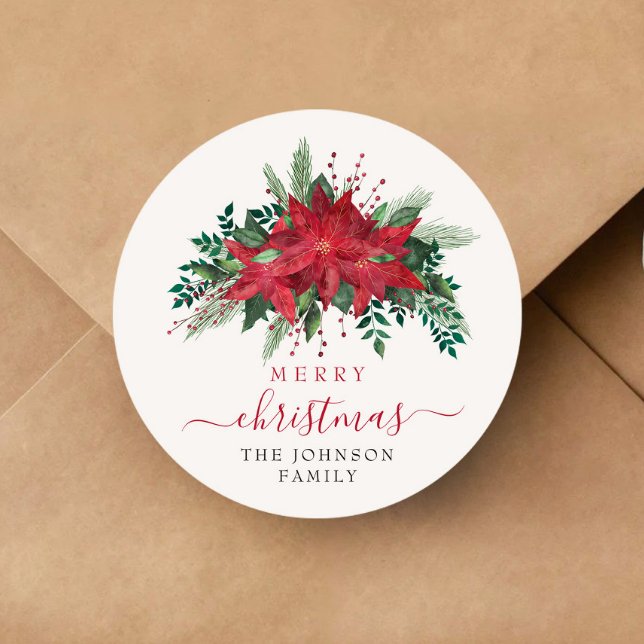 Sticker Rond Elegant Red Poinsettia Christmas  (Elegant Red Poinsettia Christmas Classic Round Sticker)