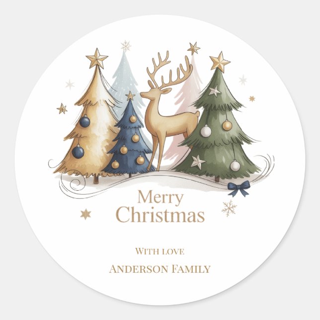 Sticker Rond Elegant Reindeer and Christmas Trees – Holiday (Devant)