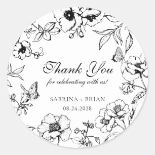 Sticker Rond Élégant Remerciement de Mariage Floral Noir et Bla