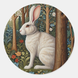 Sticker Rond Elégant retro boho blanc lapin boisé fleurs