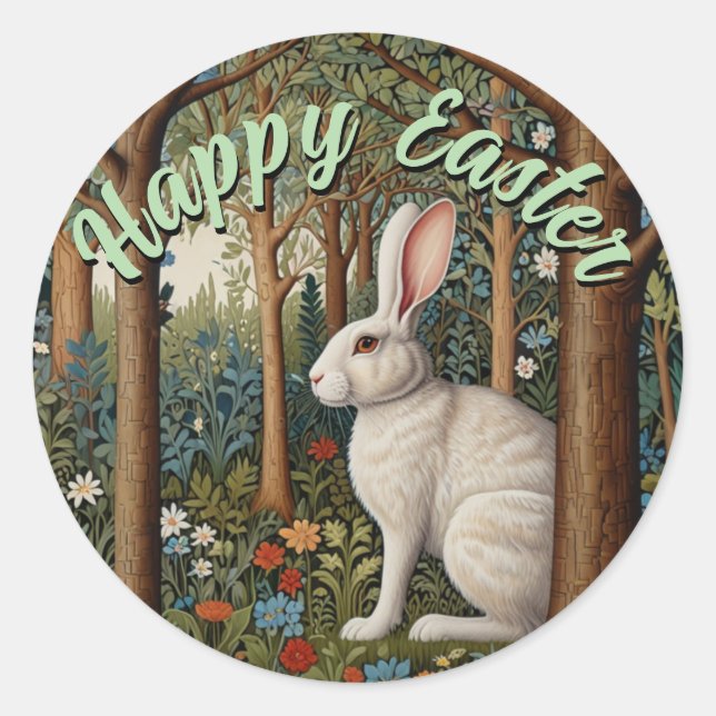 Sticker Rond Elégant retro boho blanc lapin boisé Pâques (Devant)