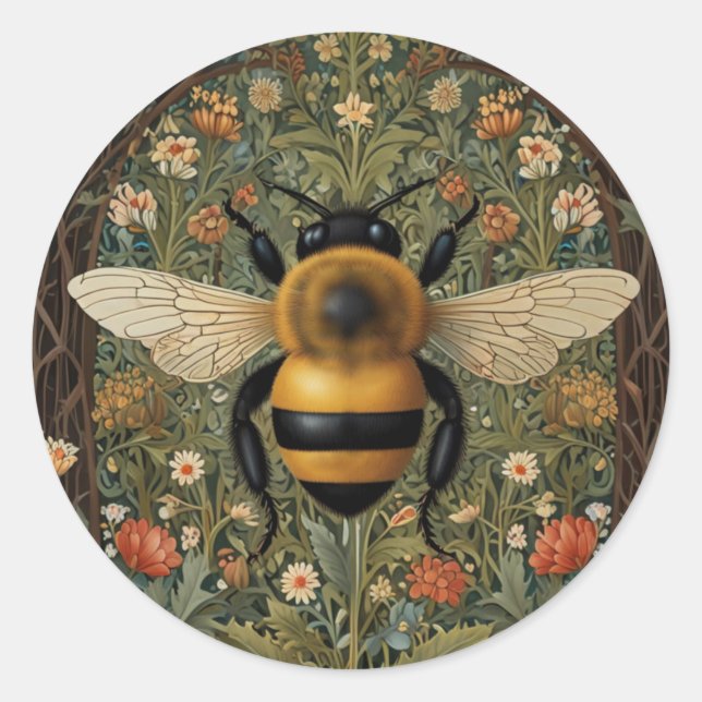 Sticker Rond Elégant rétro bumblebee boho botanique floral art (Devant)