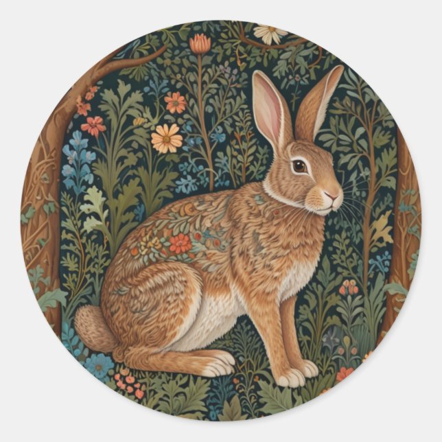 Sticker Rond Élégant retro lapin boisé boisé fleuri (Devant)