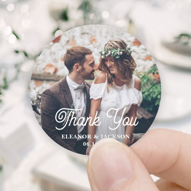 Sticker Rond Élégant Retro Script & Photo Mariage Merci (Créateur téléchargé)