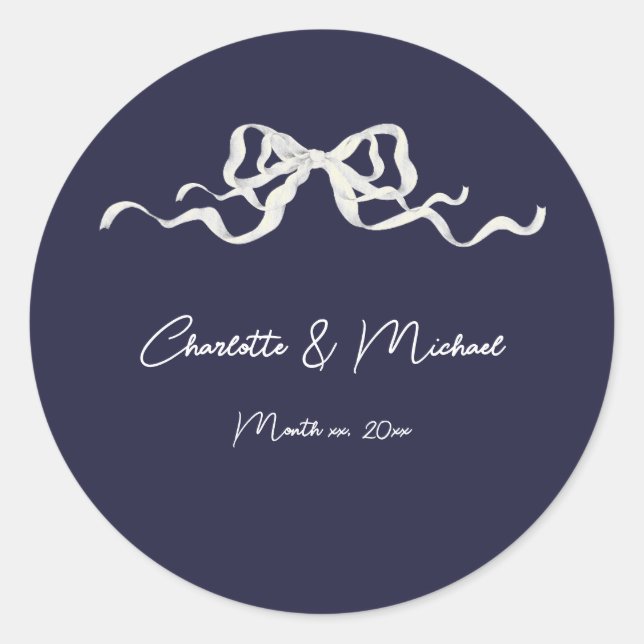 Sticker Rond Élégant Romantique Mariage Ruban Navy (Devant)