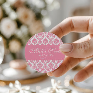 Sticker Rond Elégant rose blanc Mariage damassé Favoriser
