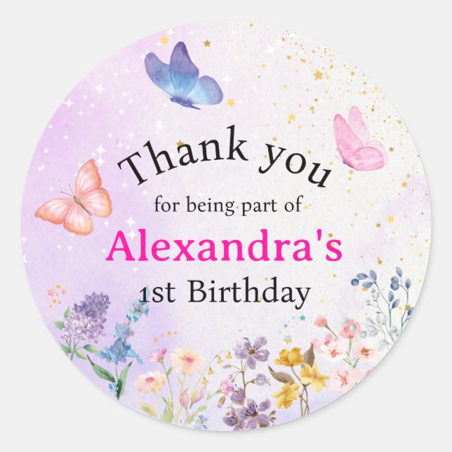 Sticker Rond Élégant rose blanc & papillon violet floral (Devant)